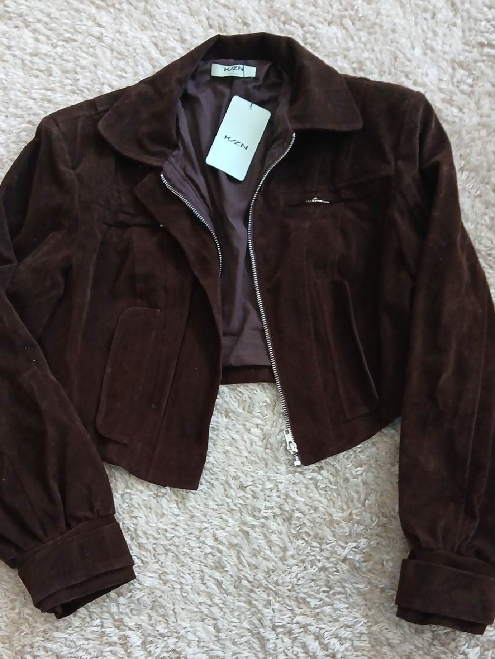 KZN Chocolate  brown Faux Suede Crop Jacket